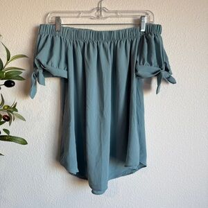 Noa Moa Teal Off-the-Shoulder Tie Sleeve Romantic Feminine Blouse Size Small